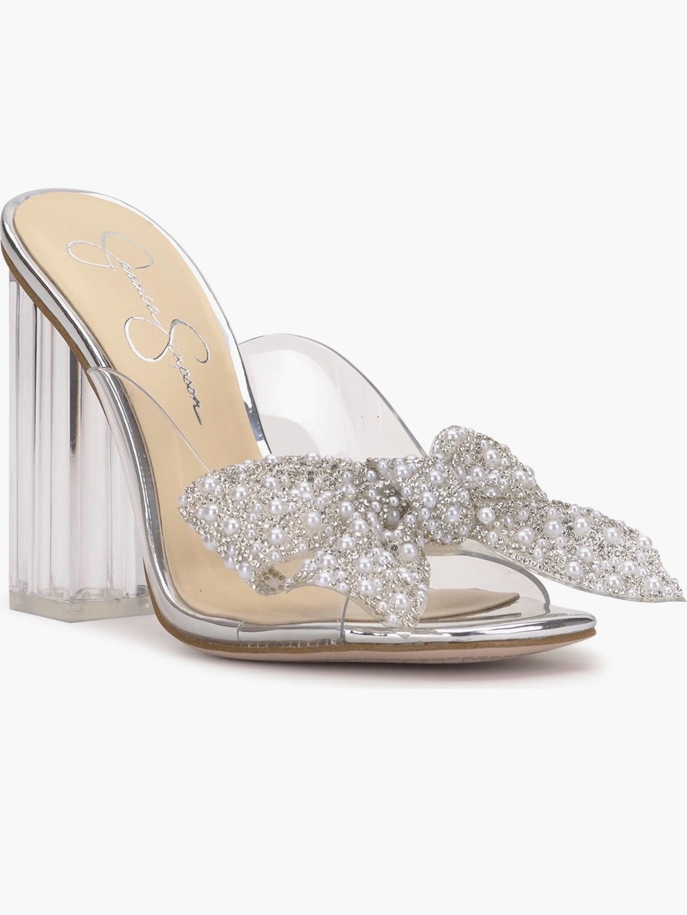 Jessica Simpson Silver Pearl & Crystal Bow Clear Block Heel Mule